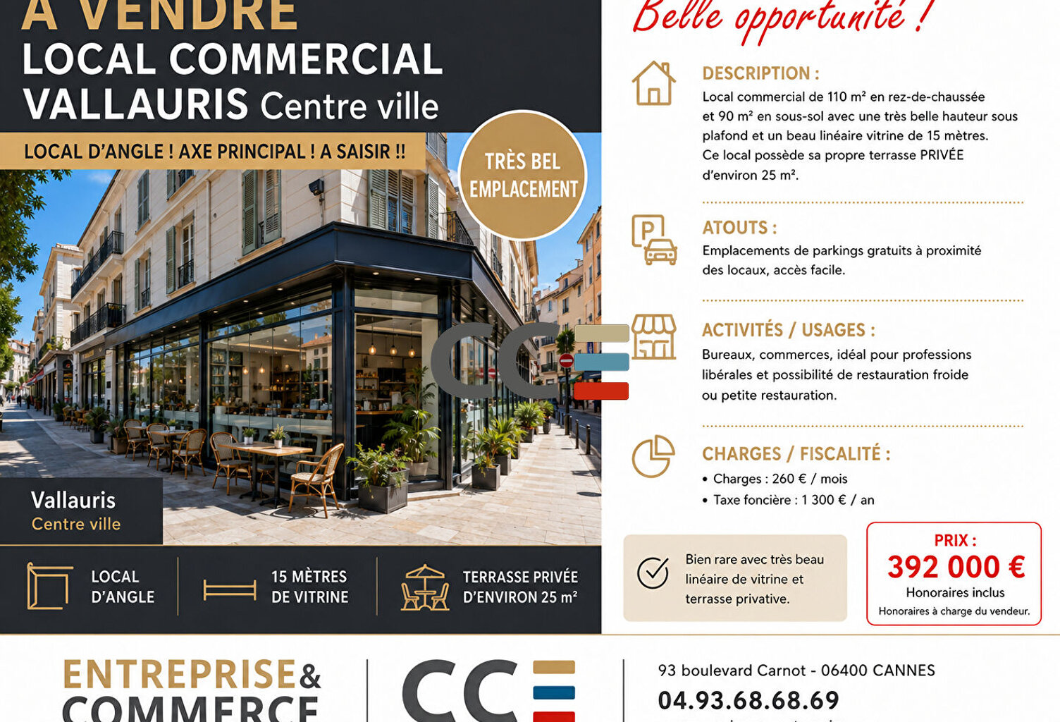 LOCAL COMMERCIAL A VENDRE 200 m2 VALLAURIS CENTRE — photo 1
