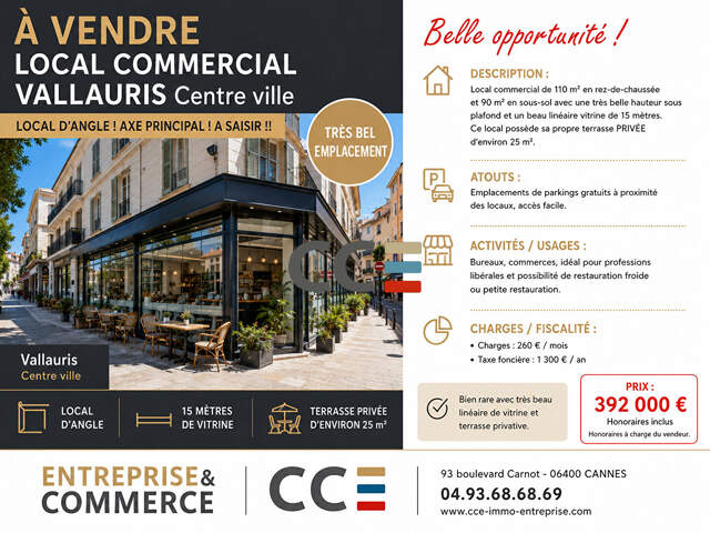 LOCAL COMMERCIAL A VENDRE 200 m2 VALLAURIS CENTRE — photo du bien