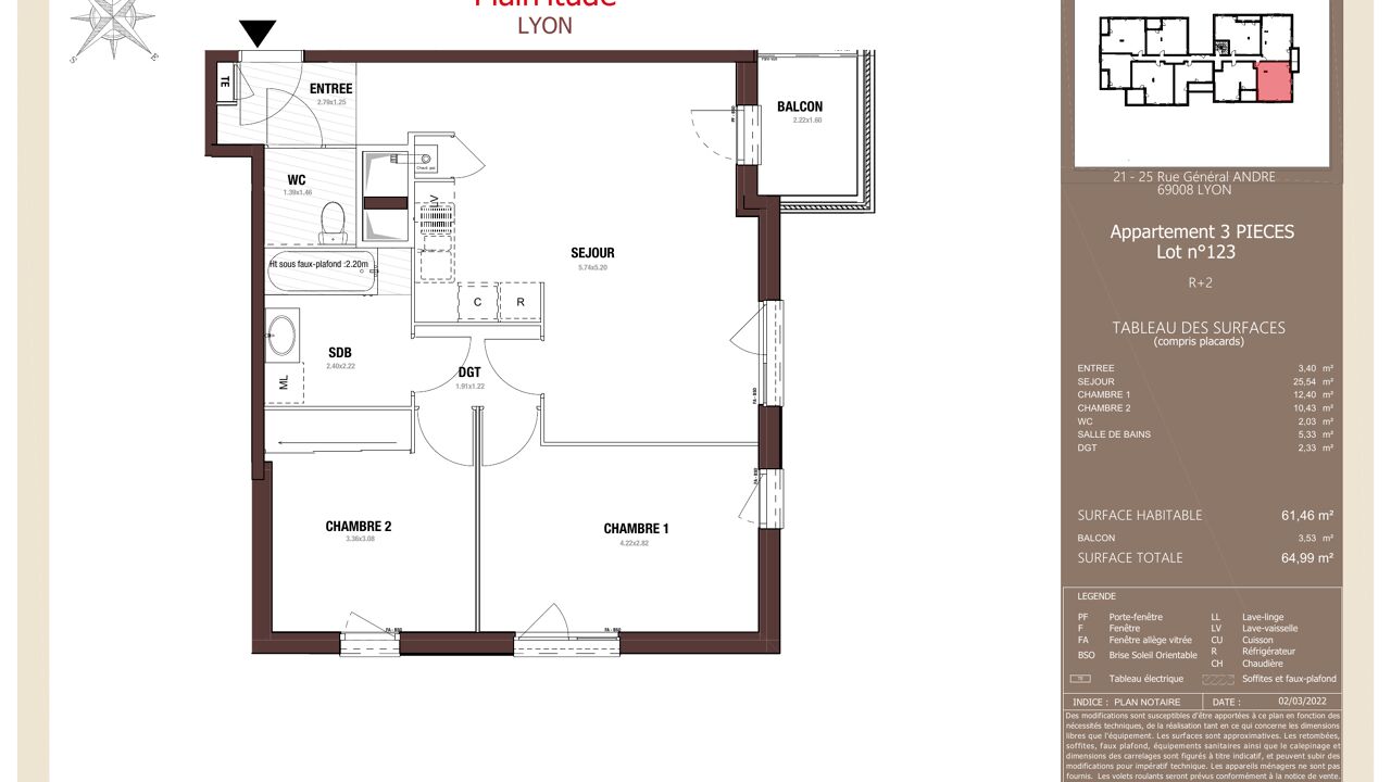 appartement 3 pièces 63 m2 à louer à Lyon 8 (69008)