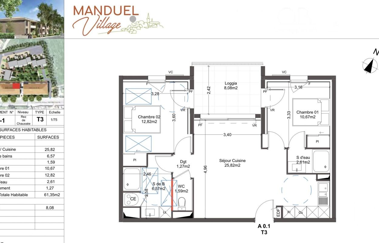 appartement 3 pièces 61 m2 à vendre à Manduel (30129)