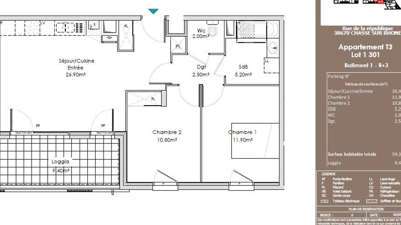 appartement 3 pièces 59 m2 à louer à Chasse-sur-Rhône (38670)