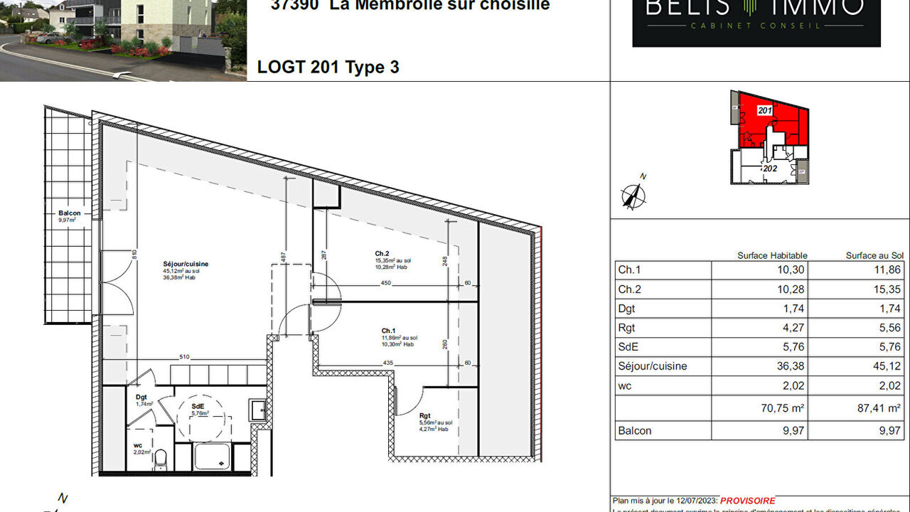 appartement 3 pièces 70 m2 à vendre à La Membrolle-sur-Choisille (37390)