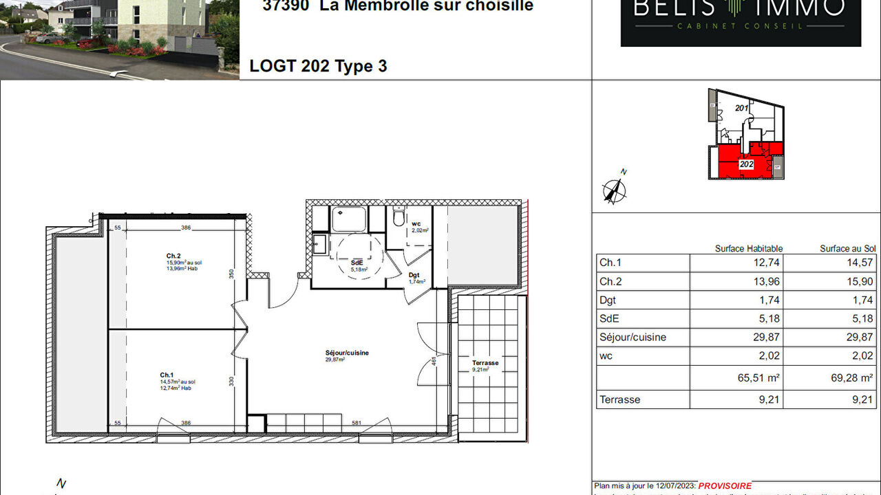 appartement 3 pièces 65 m2 à vendre à La Membrolle-sur-Choisille (37390)