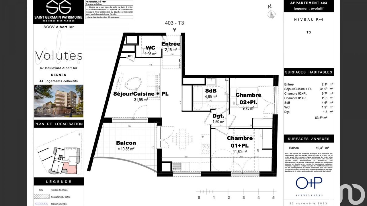 appartement 3 pièces 63 m2 à vendre à Rennes (35000)