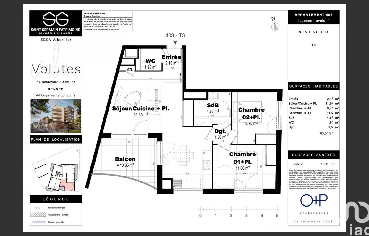 appartement 3 pièces 63 m2 à vendre à Rennes (35000)