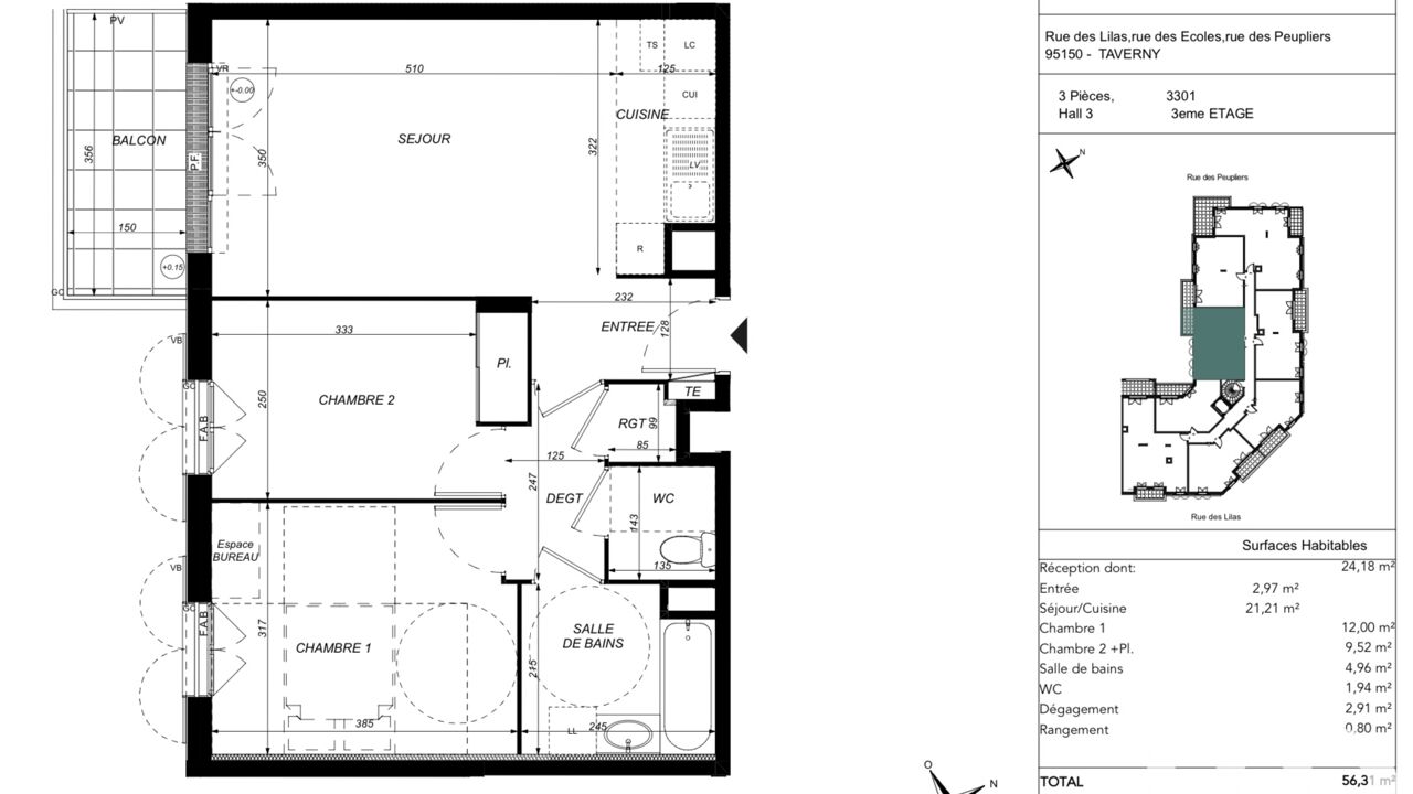 appartement 3 pièces 56 m2 à vendre à Taverny (95150)