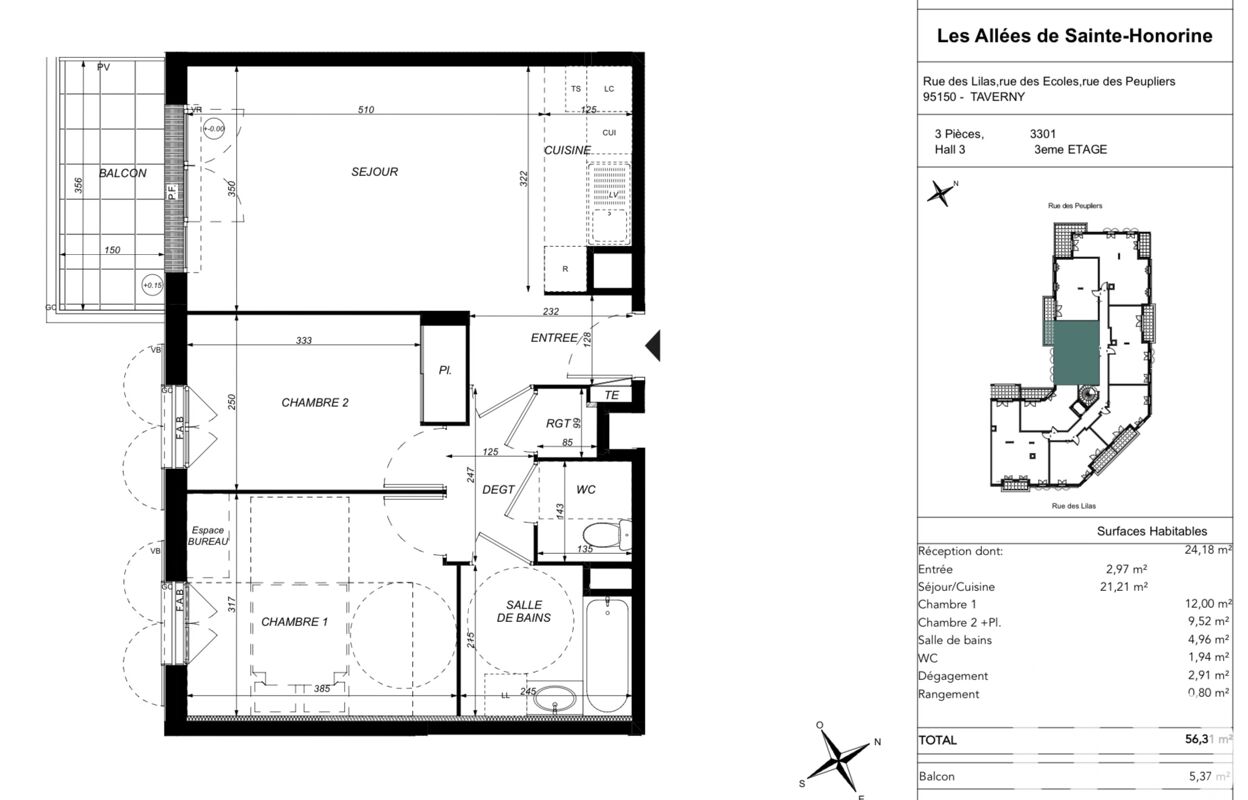 appartement 3 pièces 56 m2 à vendre à Taverny (95150)