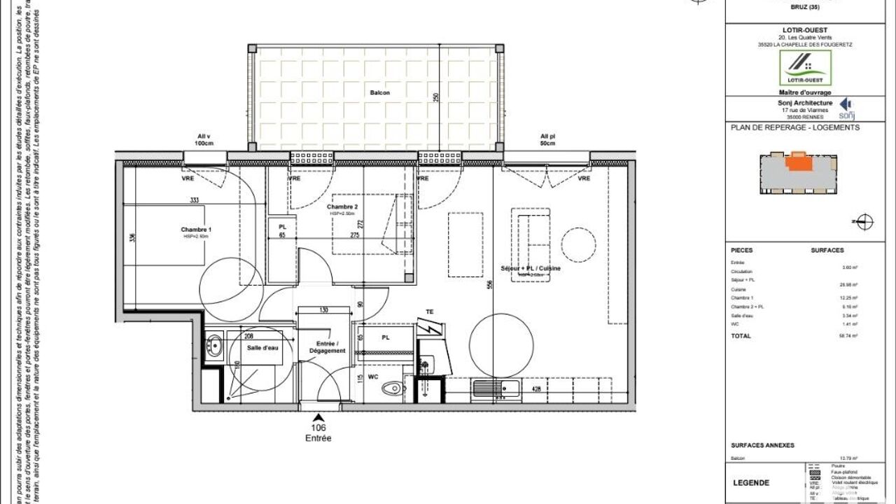 appartement 3 pièces 59 m2 à vendre à Bruz (35170)