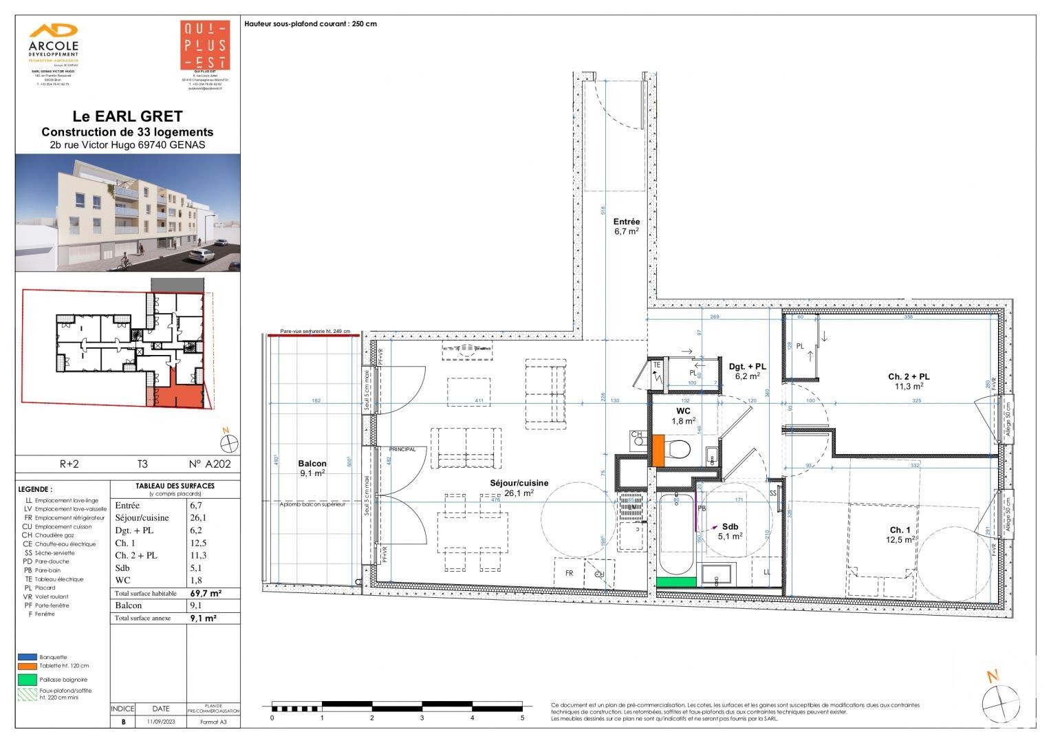 Genas - 69m² - 3p. - 2ch.