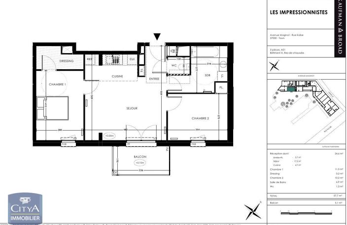 Location appartement 3 pièces 57 m² à Tours (37100) — photo 2