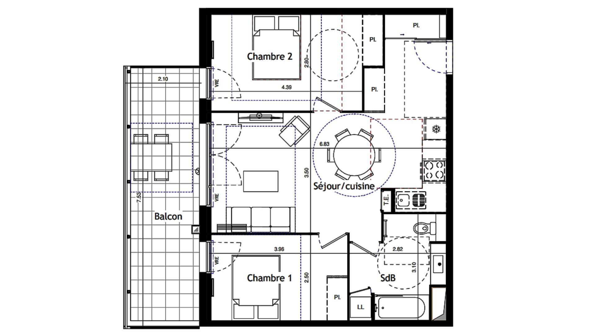 Valras-Plage - 59m² - 3p. - 2ch.