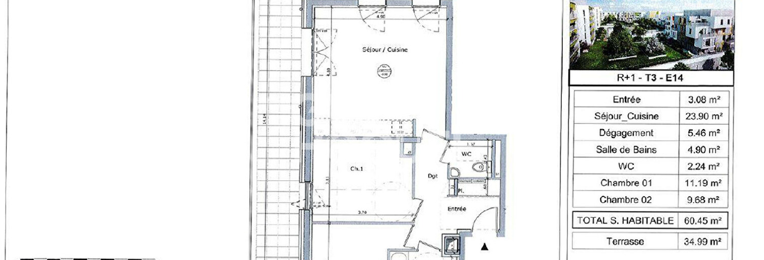 Appartement 3 Pièces 60 m² à louer à Vaulx-en-Velin (69120)