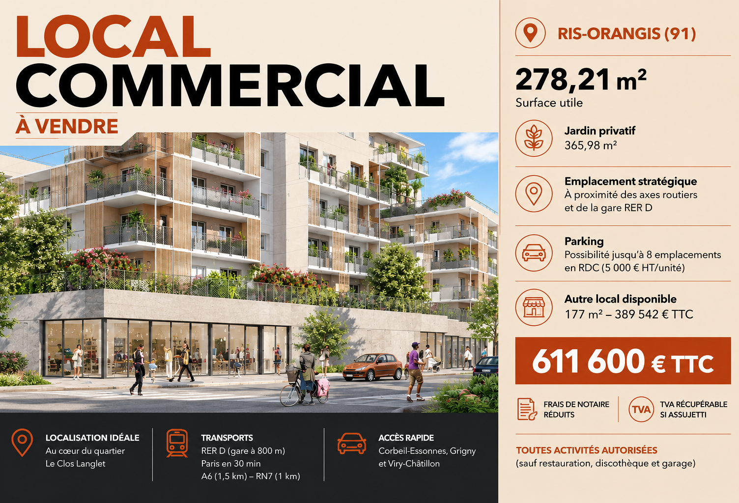 VENTE LOCAL COMMERCIAL 278M2 - RIS-ORANGIS (91) — photo 1