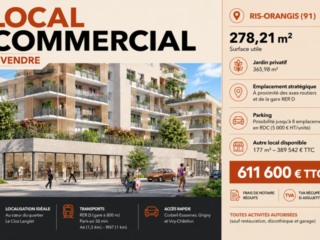 VENTE LOCAL COMMERCIAL 278M2 - RIS-ORANGIS (91) — photo du bien
