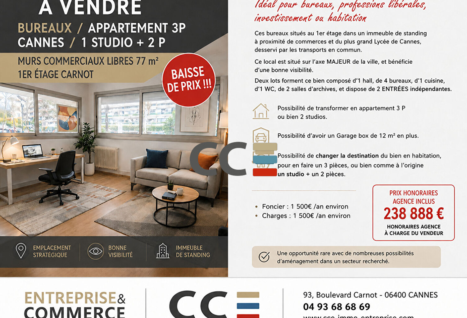 Bureaux - Appartement 3P - Cannes Carnot 77 m2 — photo 1