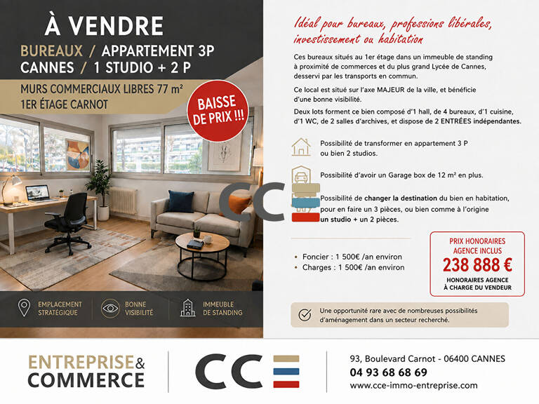 Bureaux - Appartement 3P - Cannes Carnot 77 m2 — photo 1
