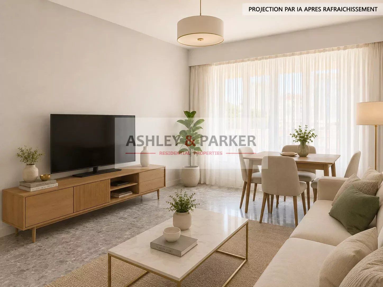 Salon lumineux avec mobilier moderne et vue sur la fenêtre.