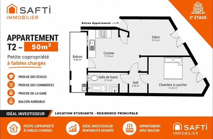 Appartement T2 traversant (50m2) avec balcon (7m2) - Faible charges — photo 3