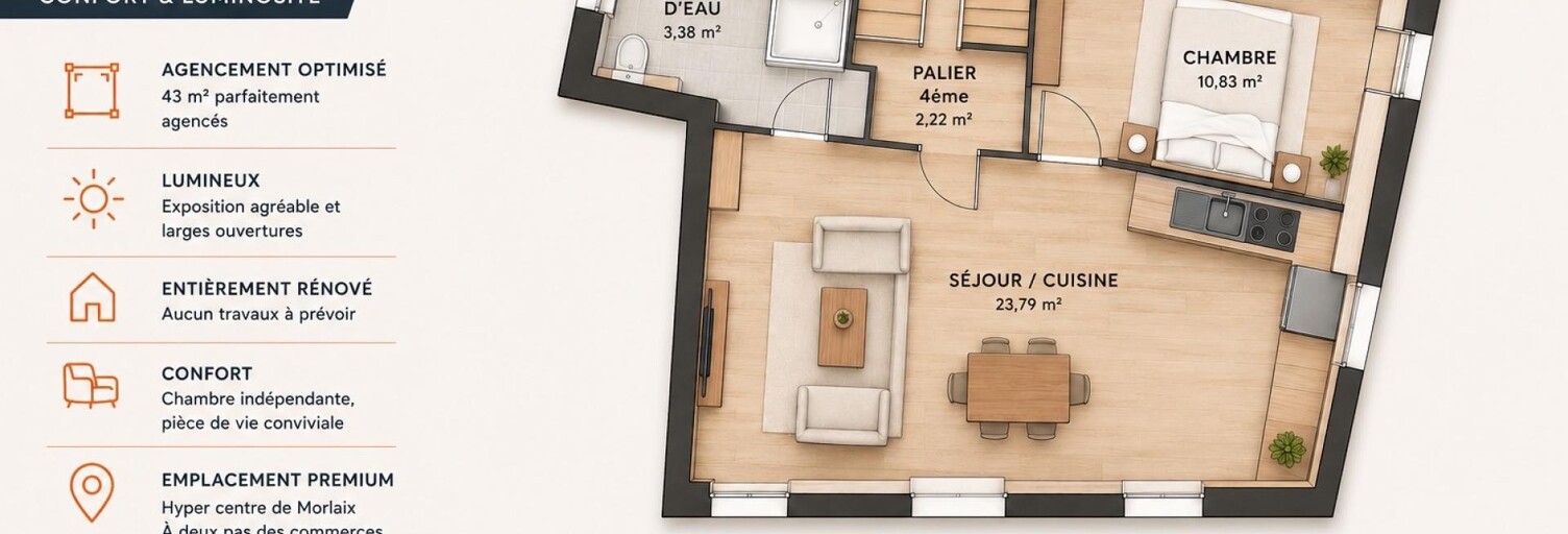 Appartement 2 Pièces 43 m² à vendre à Morlaix (29600)