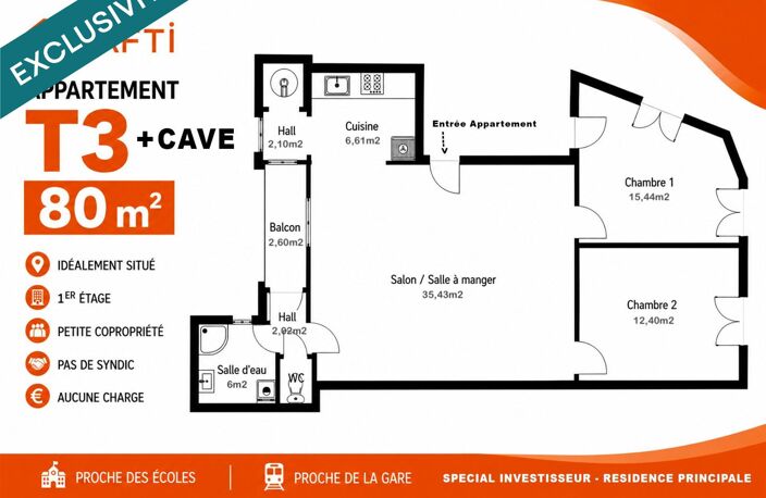Appartement T3 traversant de 80 m² (1er étage) + Cave (6m2) — photo 2