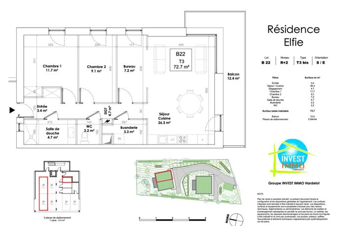 73 M2 - 2ème étage ASCENSEUR -  2 CHAMBRES + 1 BUREAU & 2 PARKINGS COUVERTS — photo 4