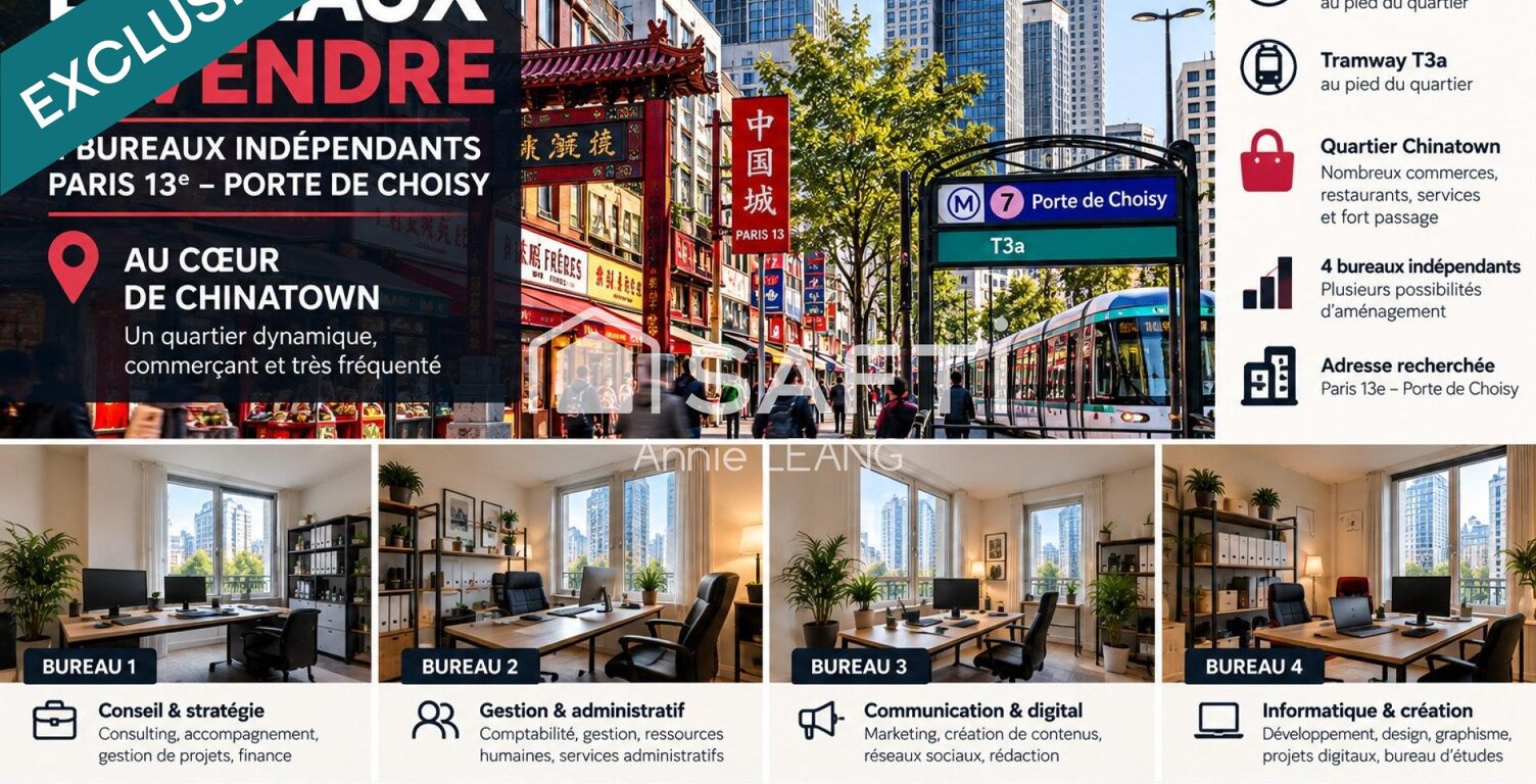 4 bureaux à vendre  Paris 13e, Porte de Choisy, métro et tram au pied de l'immeuble — photo 1