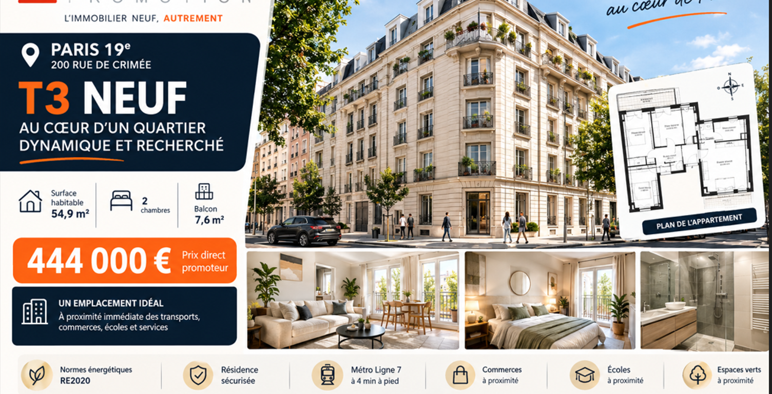 PARIS 19e – T3 NEUF PROCHE METRO – DERNIÈRE OPPORTUNITÉ ! — photo 1