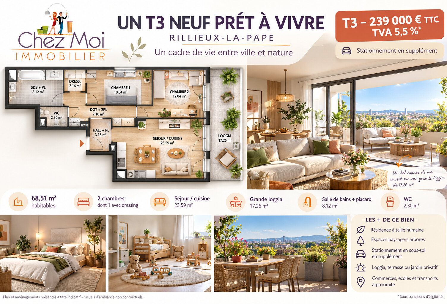 LIVRAISON IMMÉDIATE / T3 NEUF À RILLIEUX-LA-PAPE / 239 000  / TVA 5,5% /  68.61 m2 — photo 1