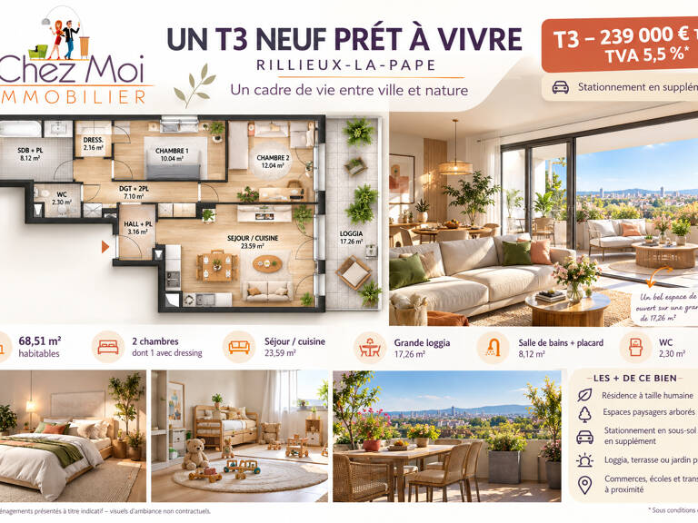 LIVRAISON IMMÉDIATE / T3 NEUF À RILLIEUX-LA-PAPE / 239 000  / TVA 5,5% /  68.61 m2 — photo 1