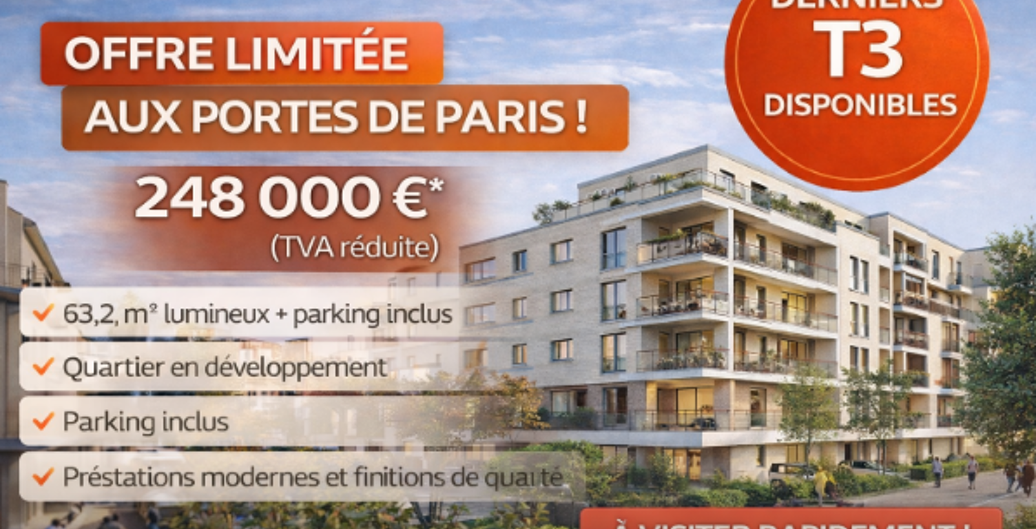 T3 NEUF À PRIX EXCEPTIONNEL – OFFRE LIMITÉE – AUX PORTES DE PARIS PROCHE DU CANAL A BONDY — photo 1
