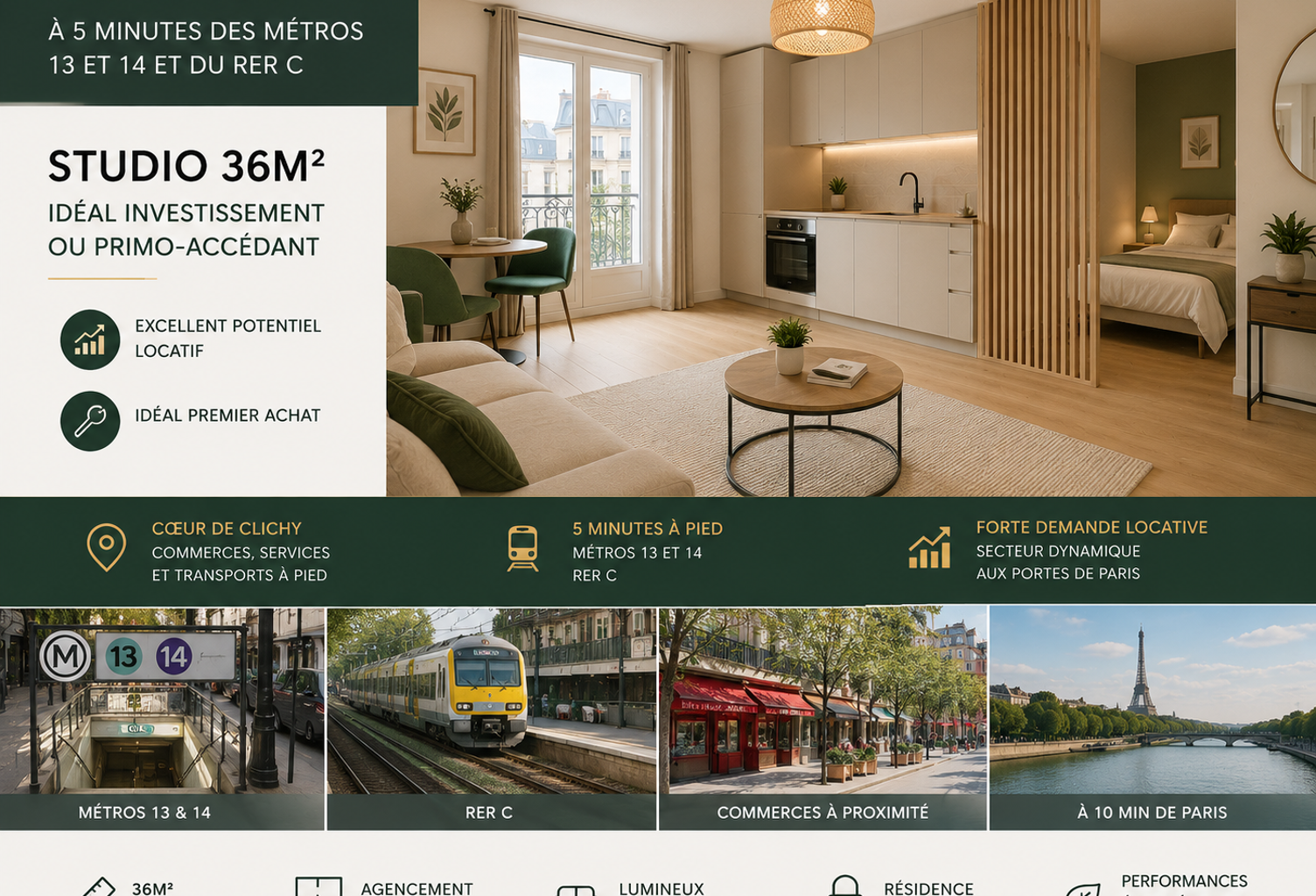 studio 35m² -2ème étage-connecté aux lignes 13, 14 et au RER C en moins de 8min! — photo 1