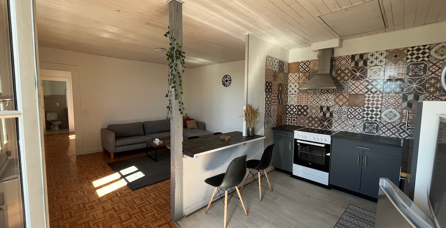 VILLENEUVE SUR LOT, appartement T2  d'environ 52,86 m2 MEUBLE entièrement redécoré avec cuisine équipée neuve. Situé au 2ème étage appartement comprenant : une entrée avec placard, une cuisine équipée, un salon séjour, une chambre et une salle d'eau avec — photo 1