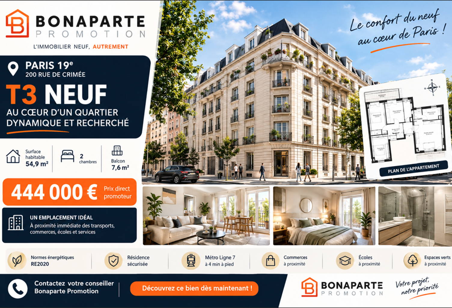 PARIS 19e – T3 NEUF PROCHE METRO – DERNIÈRE OPPORTUNITÉ ! — photo 1