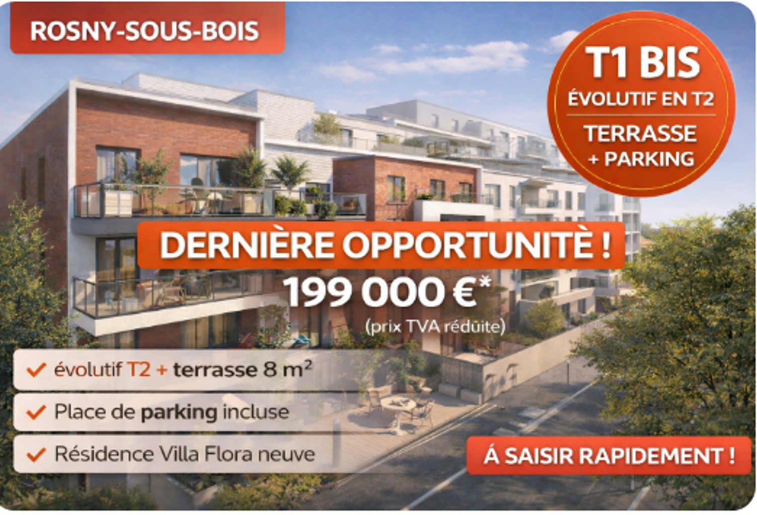 A SAISIR  T1 BIS ÉVOLUTIF T2 + TERRASSE + PARKING  FRAIS DE NOTAIRE OFFERT A ROSNY SOUS BOIS — photo 1