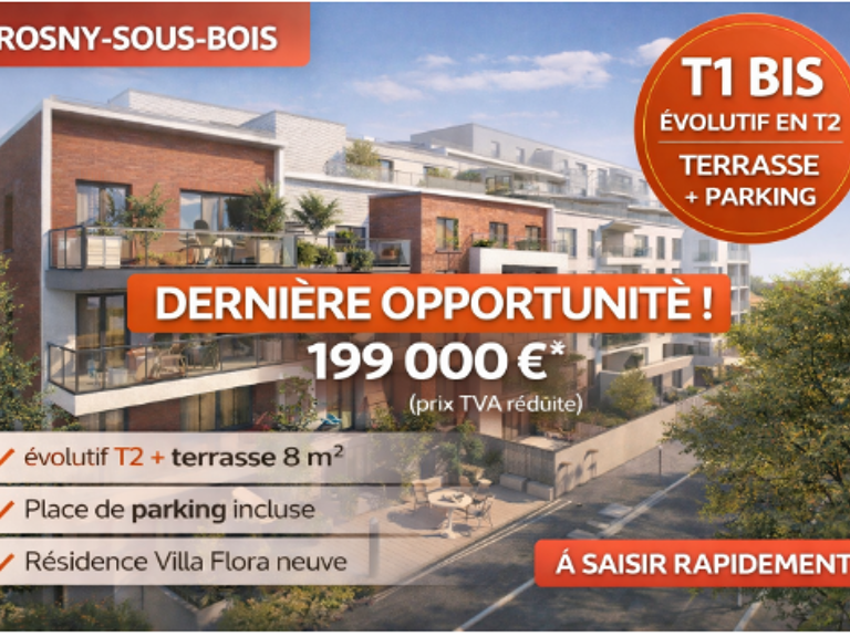 A SAISIR  T1 BIS ÉVOLUTIF T2 + TERRASSE + PARKING  FRAIS DE NOTAIRE OFFERT A ROSNY SOUS BOIS — photo 1