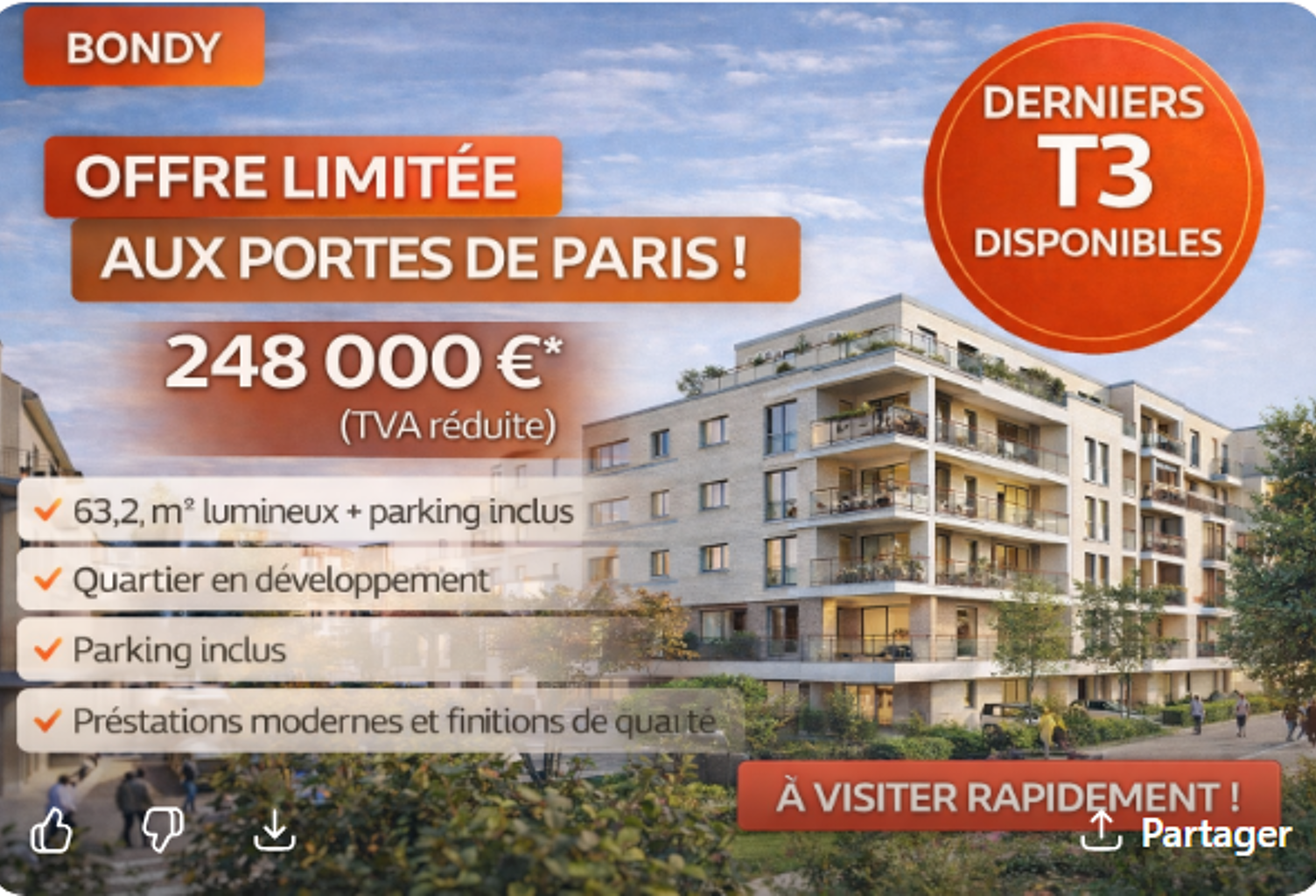 T3 NEUF À PRIX EXCEPTIONNEL – OFFRE LIMITÉE – AUX PORTES DE PARIS PROCHE DU CANAL A BONDY — photo 1