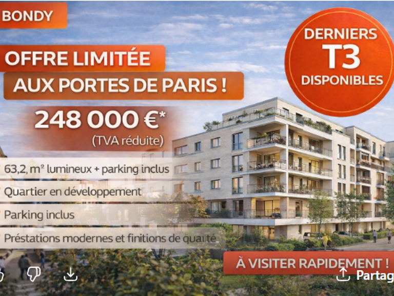 T3 NEUF À PRIX EXCEPTIONNEL – OFFRE LIMITÉE – AUX PORTES DE PARIS PROCHE DU CANAL A BONDY — photo 1