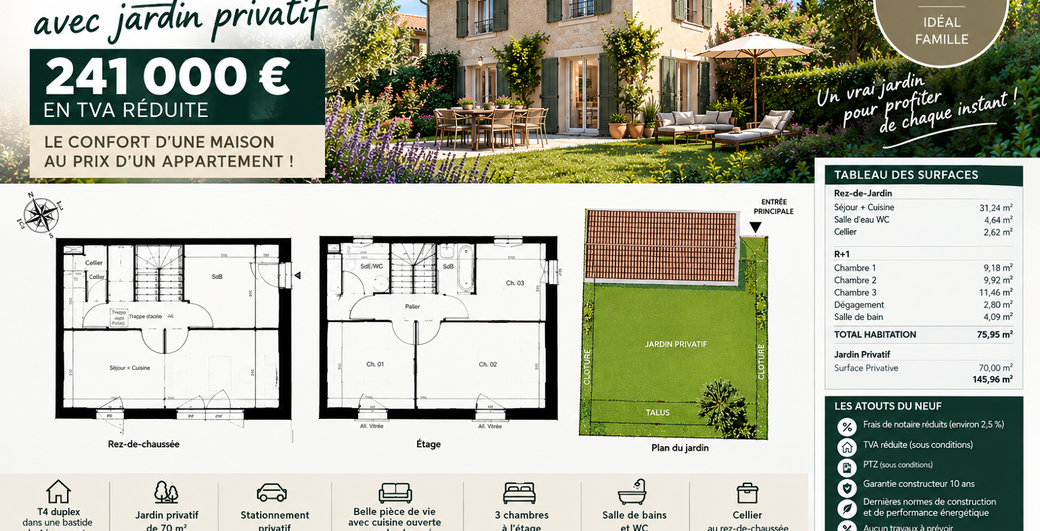 -3 CHAMBRES, UN JARDIN, 2 NIVEAUX… ET SEULEMENT 241 000 € ! — photo 1