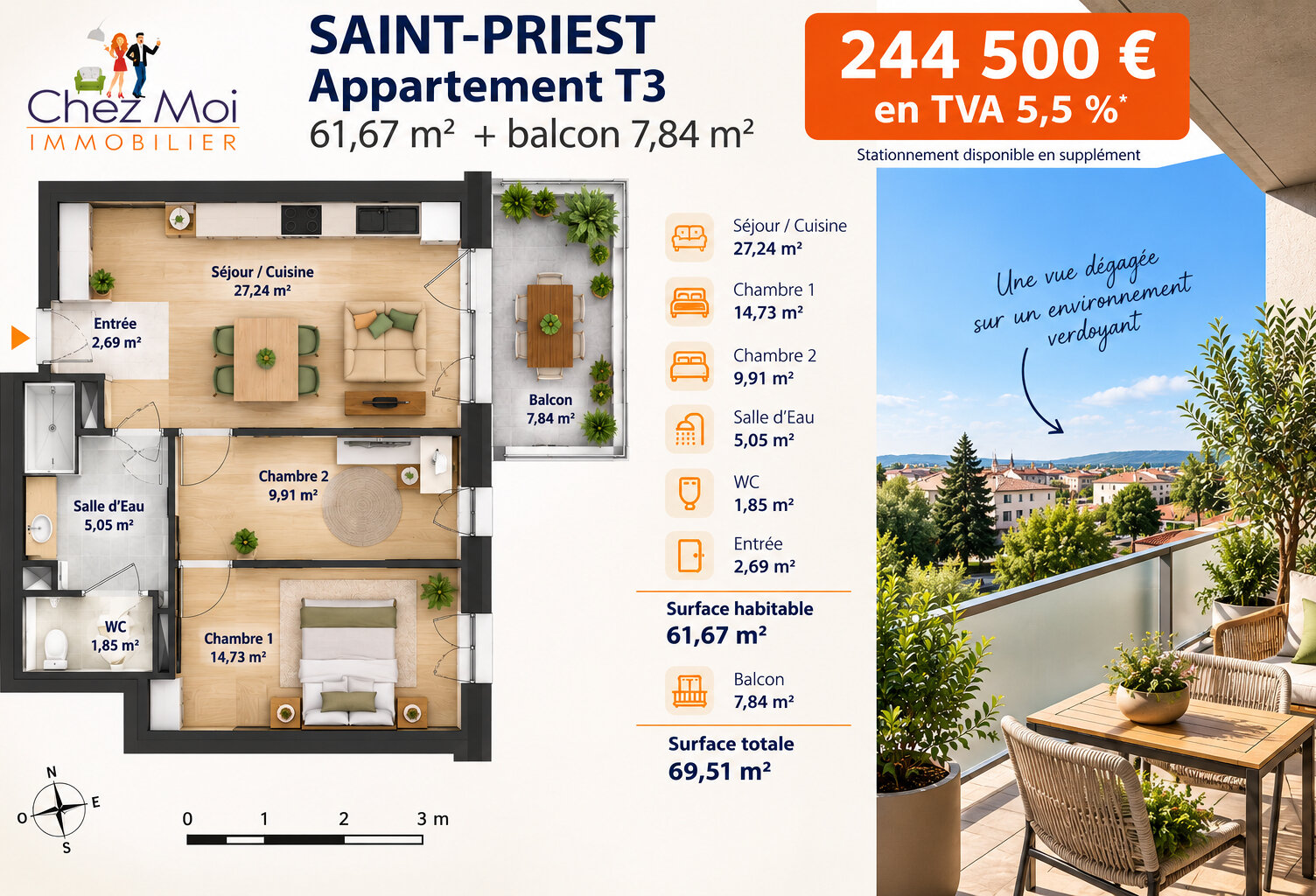 T3 NEUF 61 M² + BALCON / 244 500  / TVA 5,5 % / C?UR DE SAINT-PRIEST — photo 1