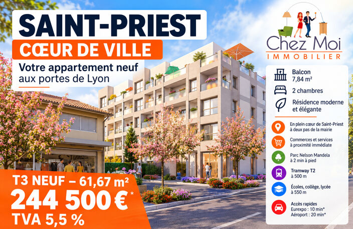 T3 NEUF 61 M² + BALCON / 244 500  / TVA 5,5 % / C?UR DE SAINT-PRIEST — photo 2