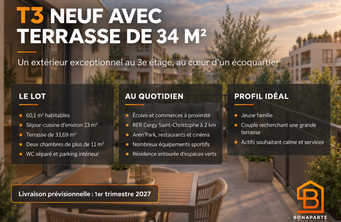 3 pieces  avec terrasse de 34 m² en étage à Cergy LIRAISON RAPIDE — photo 2