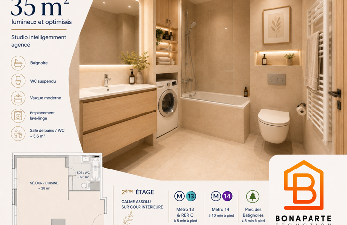 Grand studio neuf en étage A 100M de PARIS — 35 m² optimisés, intérieur de résidence, idéal premier — photo 3