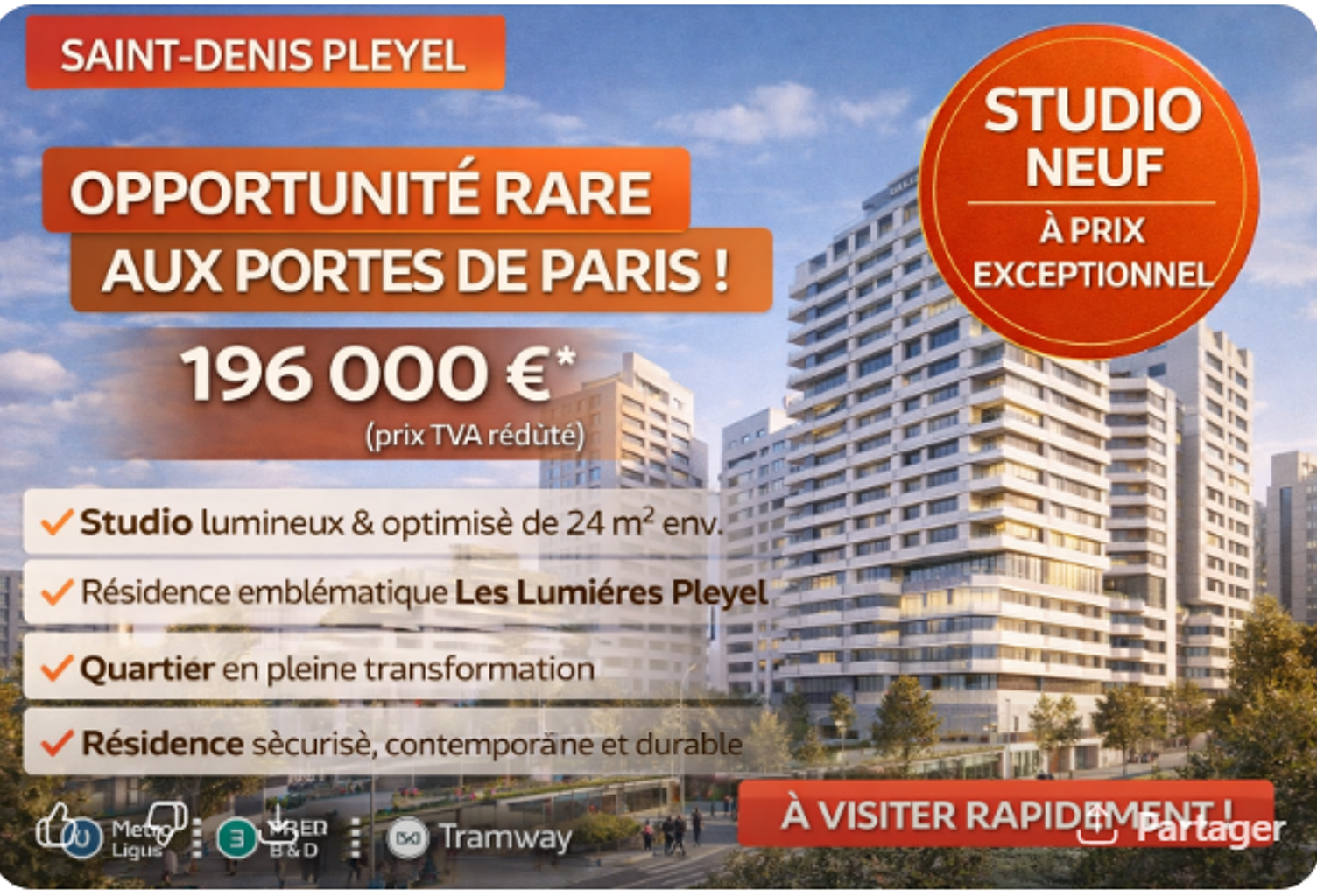 EN FACE DU METRO– STUDIO NEUF À PRIX EXCEPTIONNEL-IDEAL PRIMO ACCEDANT OU INVESTISSEUR !! — photo 1