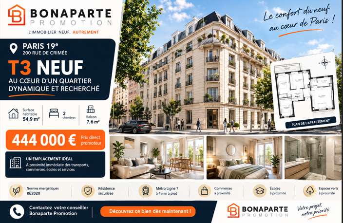 PARIS 19e – T3 NEUF PROCHE METRO – DERNIÈRE OPPORTUNITÉ ! — photo 3
