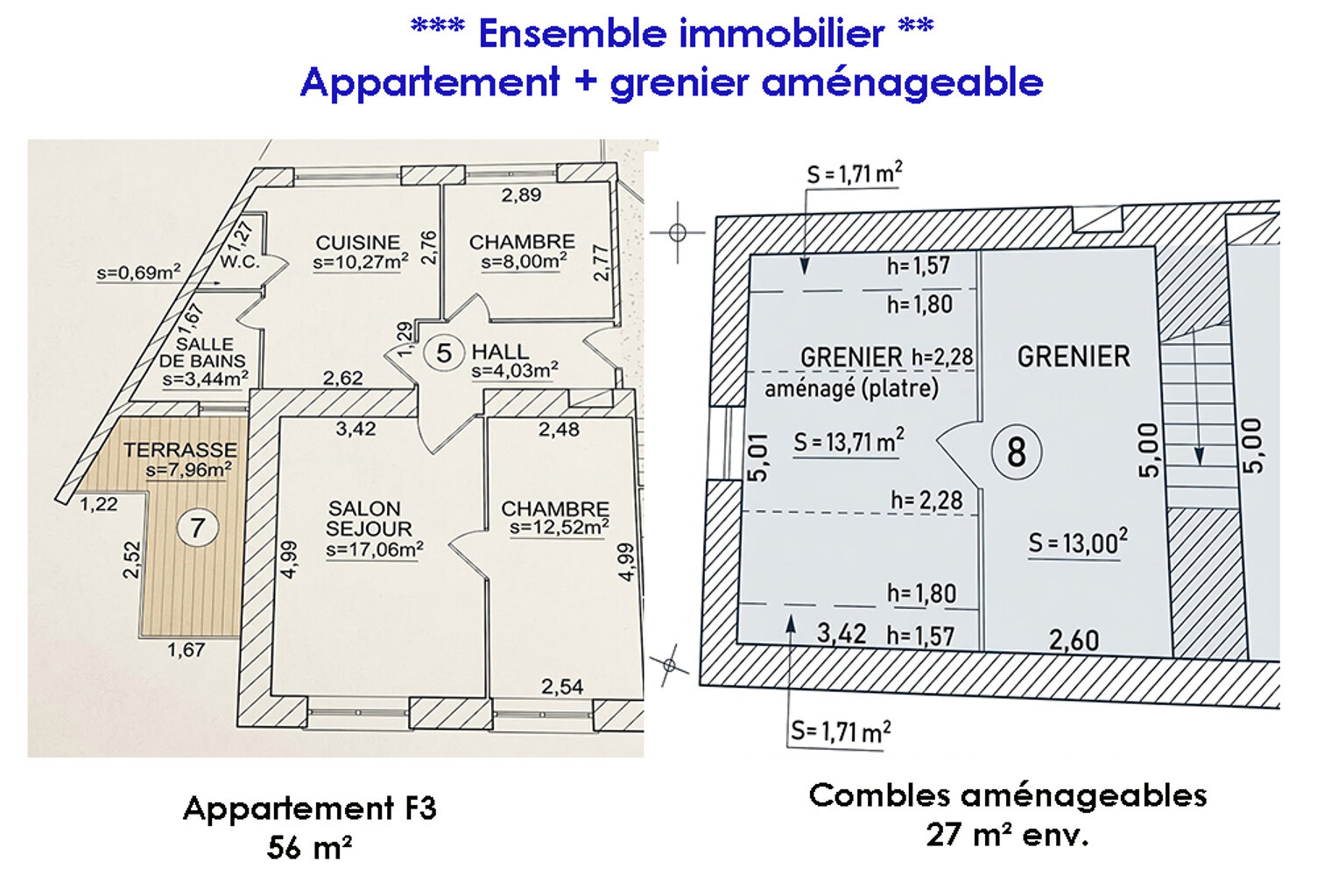 APPARTEMENT F3 DE 56 M² + GRENIER AMÉNAGEABLE DE 27 M² — photo 1