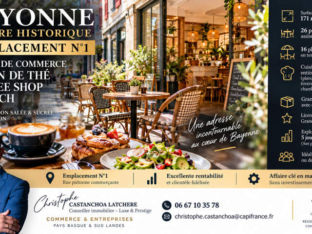BAYONNE – EMPLACEMENT N°1 – FONDS DE COMMERCE COFFEE SHOP, SALON DE THÉ & BRUNCH – 171 M² — photo du bien