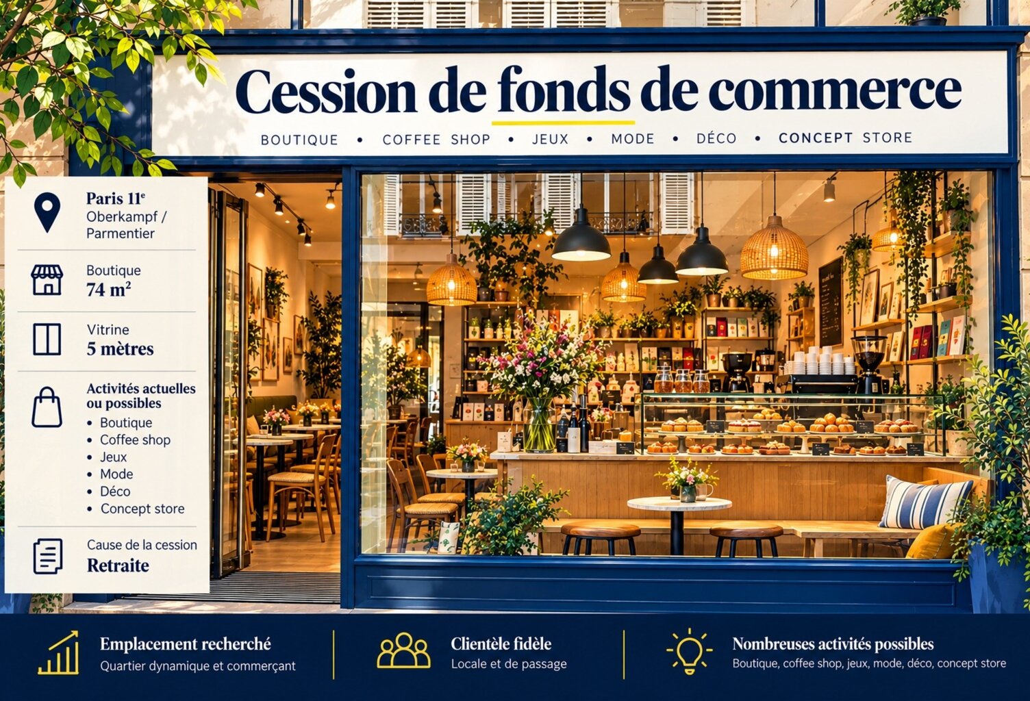 Fonds de commerce à vendre PARIS 11EME ARRONDISSEMENT (75) -  OBERKAMPF / PARMENTIER – BOUTIQUE 74 M² – VITRINE 5 M – 98 500 € HONORAIRES D’AGENCE INCLUS – CAUSE DE LA CESSION : RETRAITE — photo 1